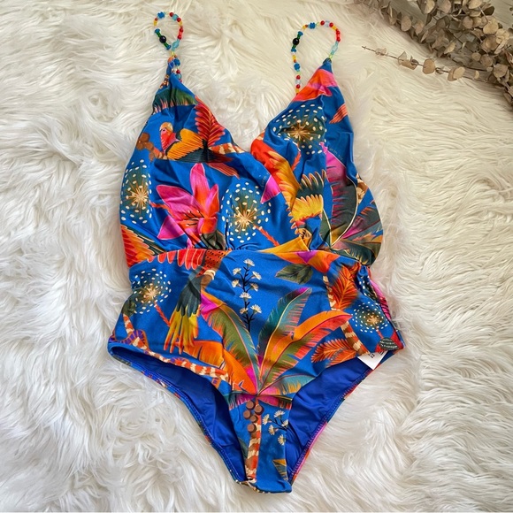 FARM Rio One Piece Swimsuit NWT Macaw Party in Party Blue Tropical Print Large - Picture 6 of 16